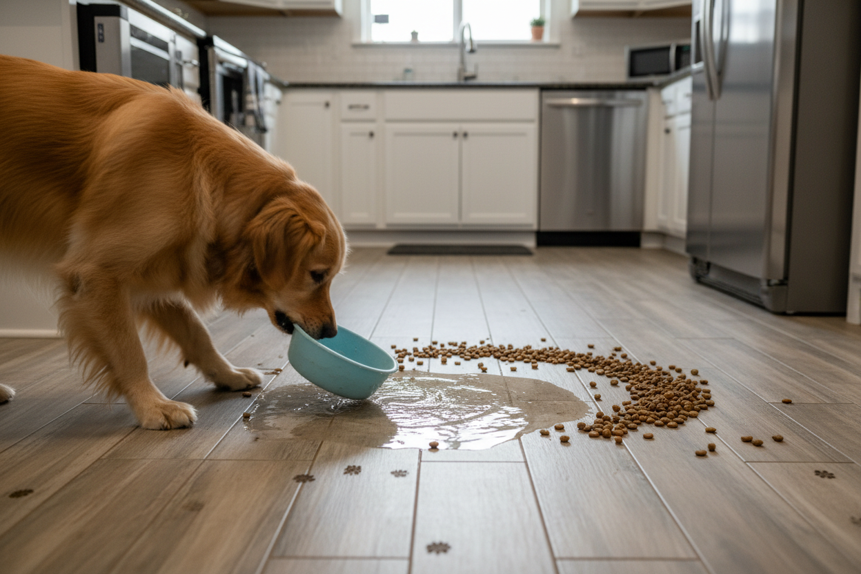 A realistic, high-detail photo of a typical pet feeding mess caused by cheap, non-specialized bowls. A lightweight plastic or aluminum bowl is sliding on the floor, tipped slightly, with kibble scattered around it. Water is spilled in a puddle around the bowl. The floor has visible smudges and dirty streaks from the bowl moving. A dog or cat (optional, blurred or partly visible) is shown eating aggressively, pushing the bowl across the floor. The setting is a normal home kitchen with wooden or tile flooring